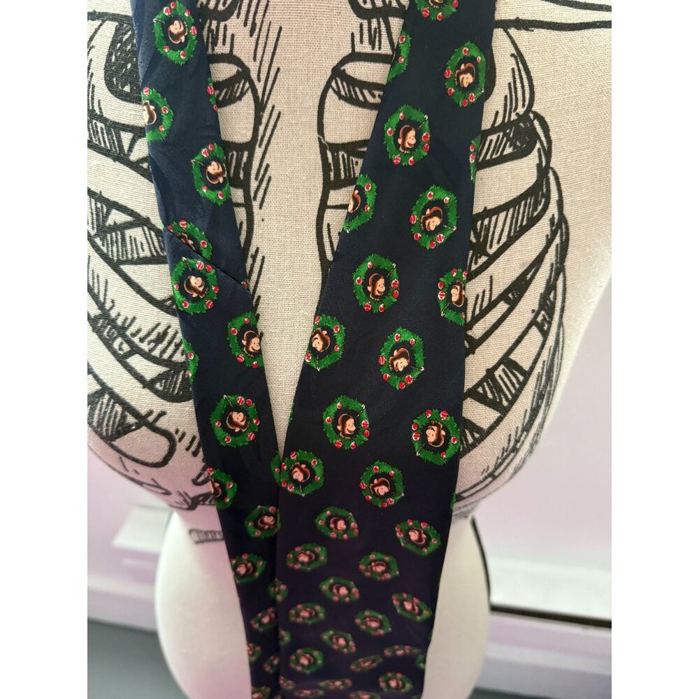 VTG 90s Holiday Christmas Navy Curious George with Wreathes Necktie